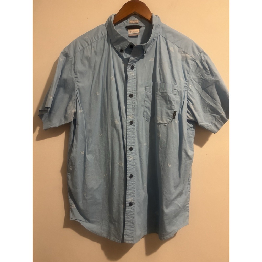 Columbia Shirts Men Button Down Hawaiian Large Short Sleeve Blue Surf Beach Fish